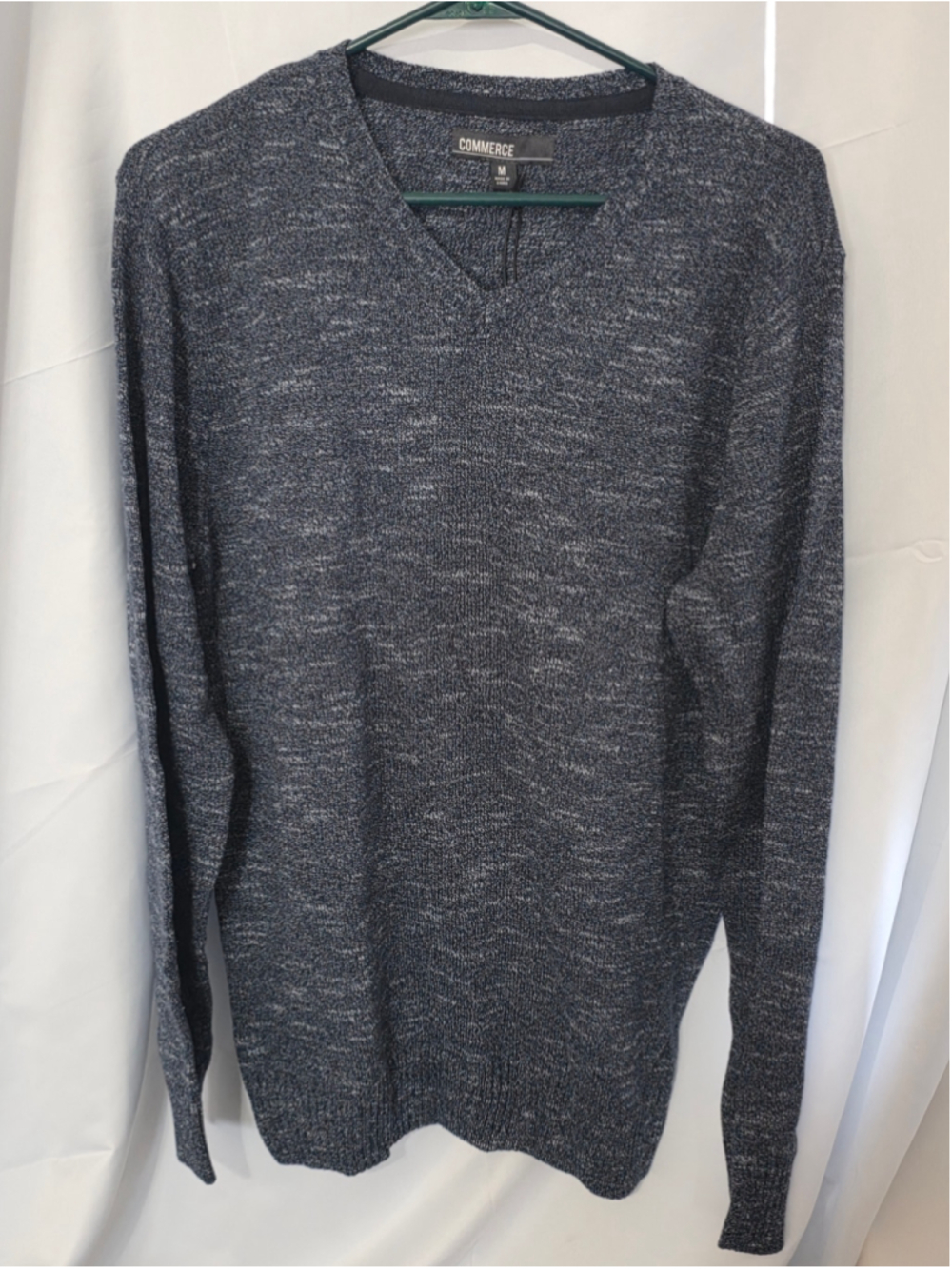 Men's Commerce V-Neck Sweater Size M Blue White Marled Knit trendy cozy fall